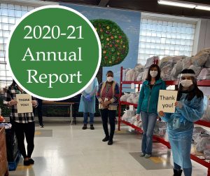 Cover page of the 2020-21 Annual Report. A picture of the Good Food Centre staff wearing PPE stands in the food bank six feet apart. Two of the staff are holding signs that say "Thank you."
